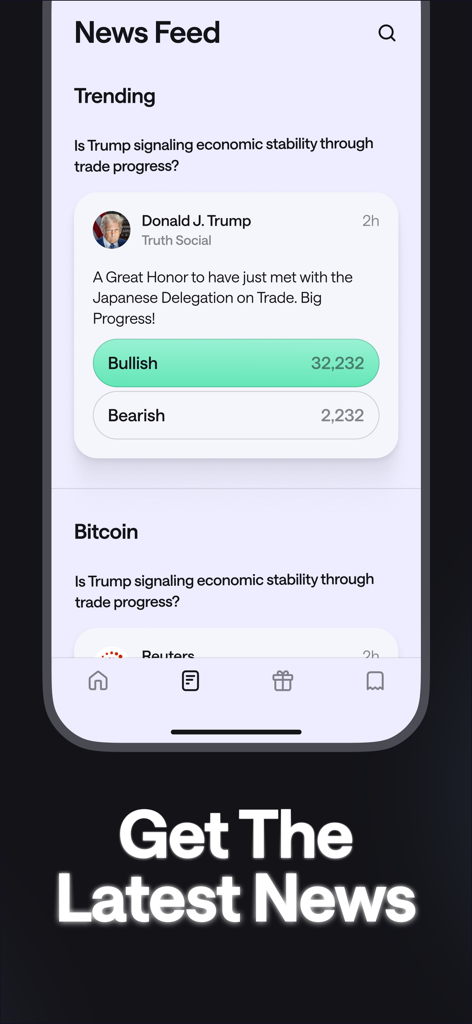 Liquid — Trade like the 1% - Liquid app News Feed screen with trending market news and bullish bearish sentiment indicators