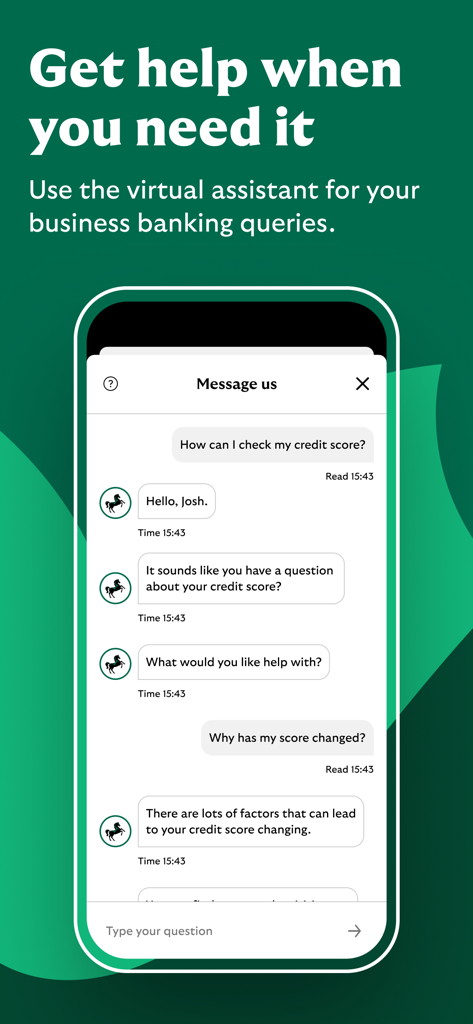 Lloyds Business Banking app - Screenshot of the Lloyds Business Banking app showing the virtual assistant chat interface for customer support.