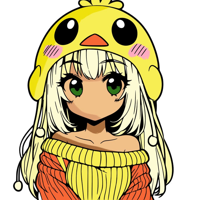 anime girl with chick shaped hat with sweater with bare shoulders with bangs covering them one eye with low tail