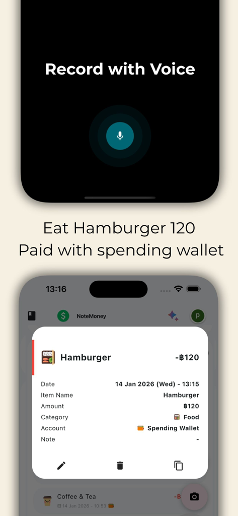 A mobile interface for NoteMoney showing the voice recording feature to log an expense for a hamburger purchase.
