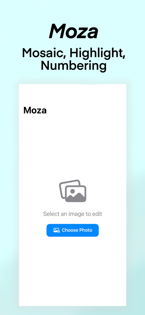Moza Editor - Página de inicio de la aplicación Moza Editor que muestra un botón para seleccionar una imagen para editar