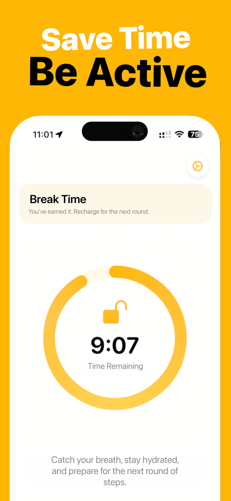 Steps Unlock - A mobile interface for the Steps Unlock app displaying a Break Time countdown timer with a circular progress bar and an unlocked icon.