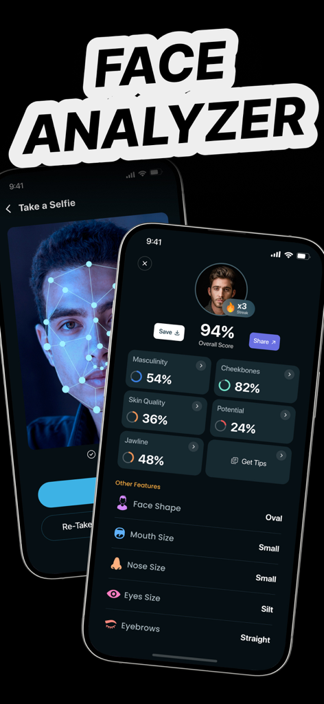 Enhancer & Analyzer: RePixel - AI Face Analyzer interface showing facial symmetry metrics and a 94 percent overall beauty score