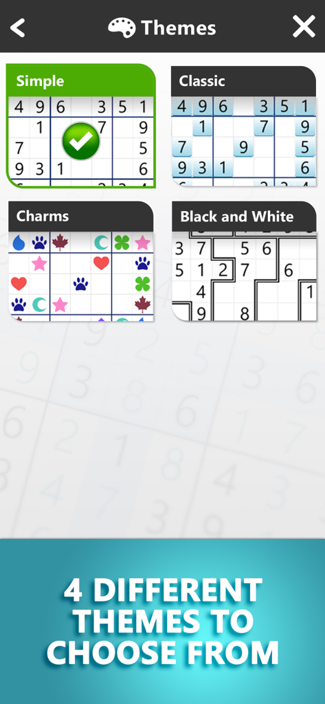Microsoft Sudoku app screen showing four puzzle themes including Simple Classic Charms and Black and White