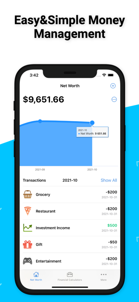 Money Tracker:Expense Tracker - App interface showing net worth summary and monthly transaction history.