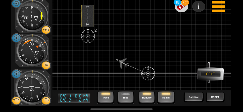 Flight IFR Nav Trainer interface showing aircraft instruments like VOR and HSI with a 2D navigation map simulation.