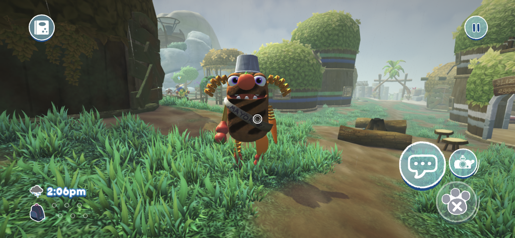 Bugsnax - Captura de pantalla del juego de Bugsnax que muestra al personaje Filbo con extremidades de snack vistiendo una banda de alcalde en un pueblo.