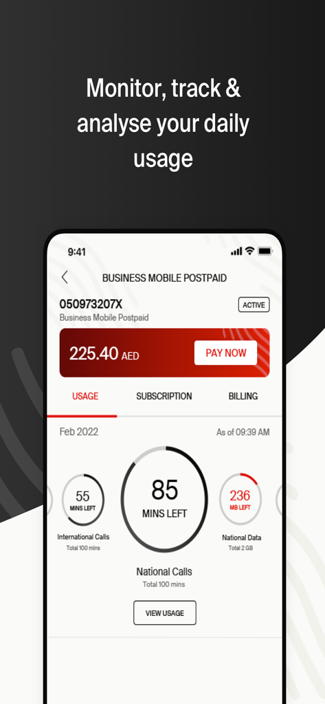 La dashboard dell'app e and Business UAE che mostra le statistiche di utilizzo di chiamate e dati mobili