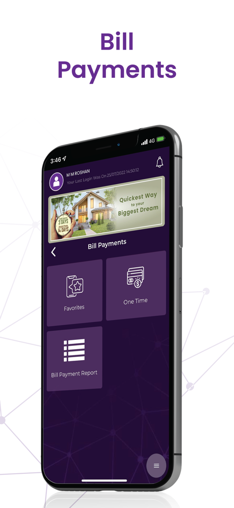 Amana Bank mobile app screen showing options for bill payments favorites and reports