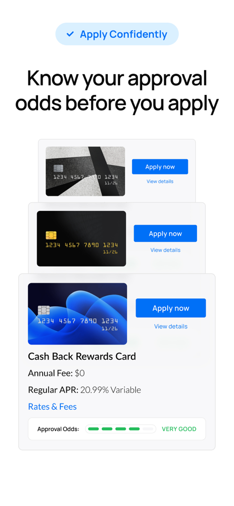 Credit Sesame app screen showing personalized credit card offers and approval odds.