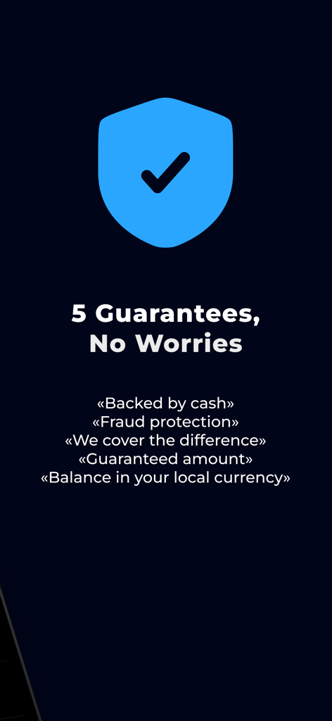 CashBack ZOZI: money back - Lista de cinco garantías en la pantalla de la aplicación CashBack ZOZI, incluyendo protección contra fraude y saldo en moneda local