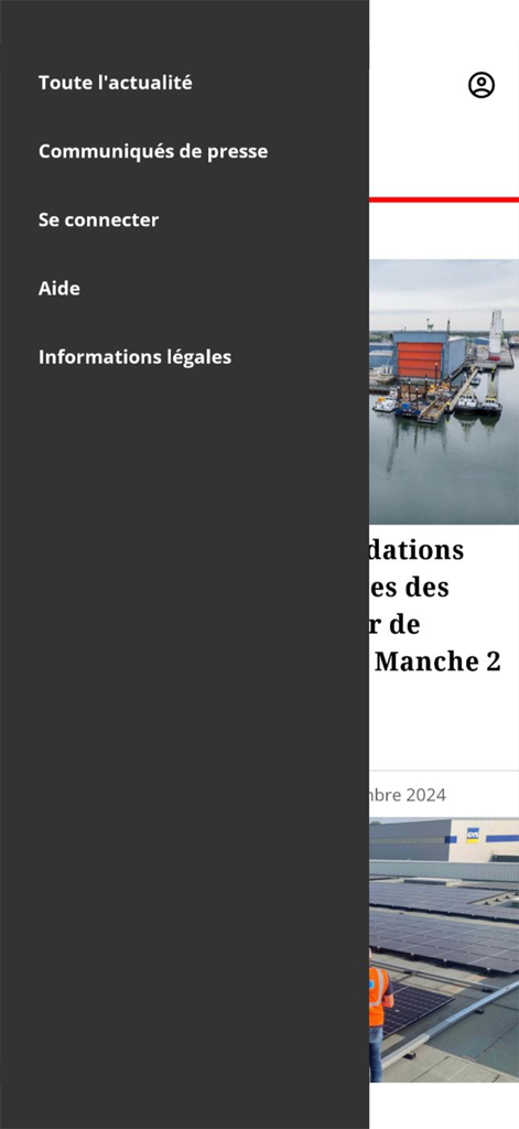 Side navigation menu of the Eiffage mobile app displaying links for news press releases and login