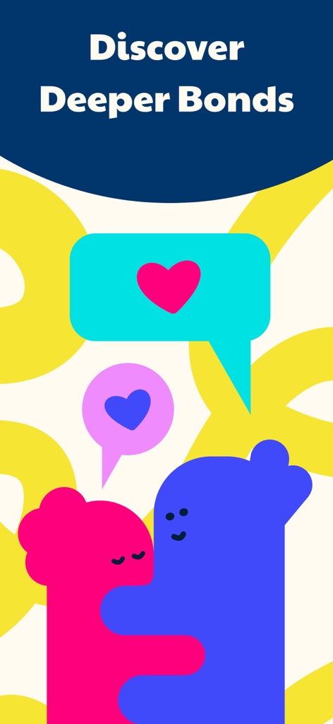 Illustration of two figures hugging with heart speech bubbles and the text Discover Deeper Bonds
