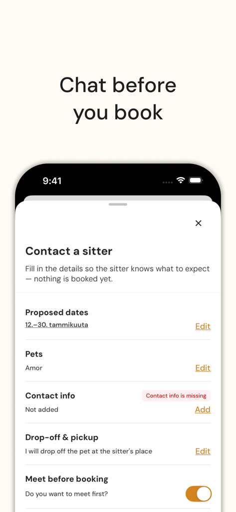 Pethotel - 예약 전에 펫시터와 채팅하기 위한 문의 양식을 보여주는 펫호텔 앱의 스마트폰 화면