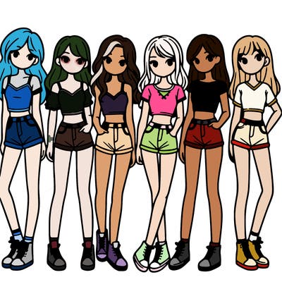 a group of girls wearing crop tops and shorts