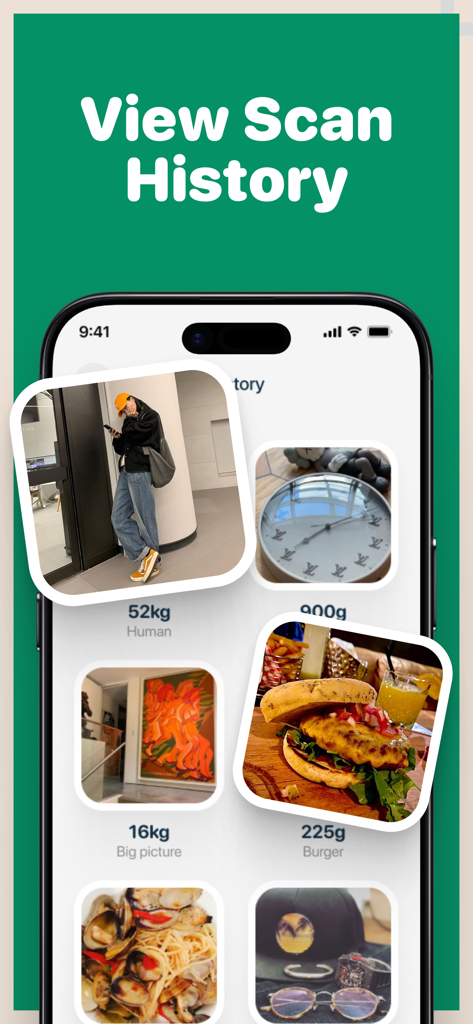 TouchScale: Scale For Grams - A smartphone showing the scan history of the TouchScale app with images of a person, a burger, and a picture with their estimated weights.