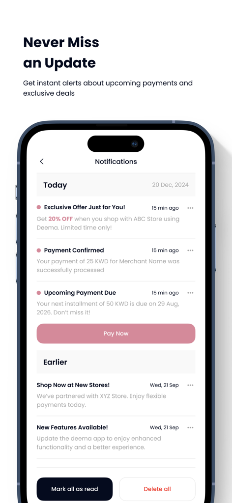 Deema app notification screen with payment alerts and exclusive offers