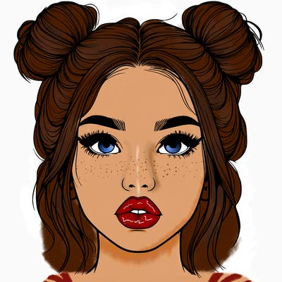 realistic girl with two buns on her hair and lips