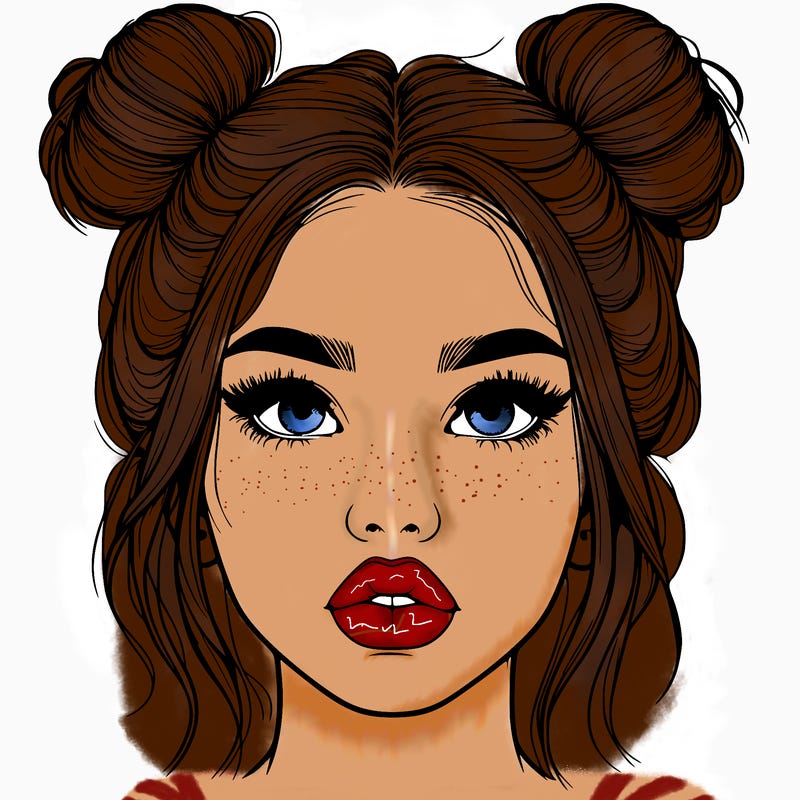 realistic girl with two buns on her hair and lips