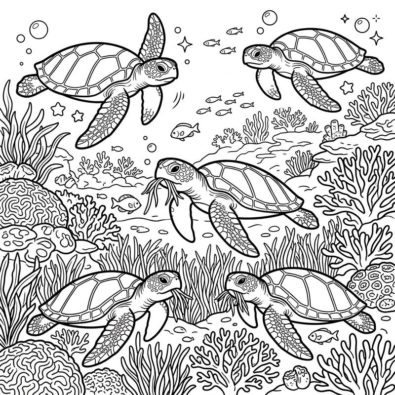 Immerse yourself in the serene beauty of the ocean with this detailed coloring page featuring adorable sea turtles in their natural habitats. Discover a vibrant underwater world filled with coral reefs, seagrass, and playful fish, all waiting for your creative touch.
