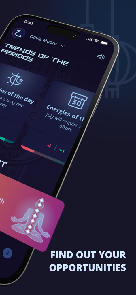 TSI Bazi astrology app screen showing trends of the period and a meditation energy silhouette.