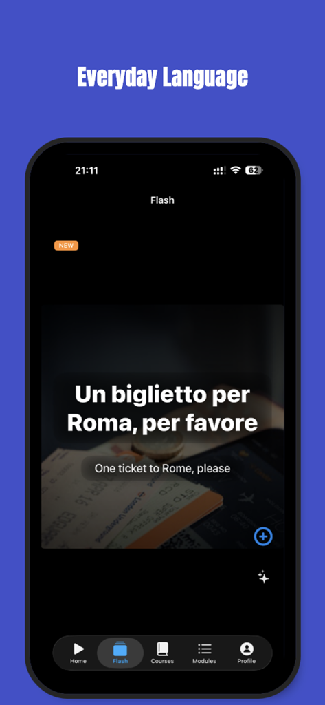 Schermata dell'app mobile che mostra una flashcard in stile reel per l'apprendimento di frasi italiane
