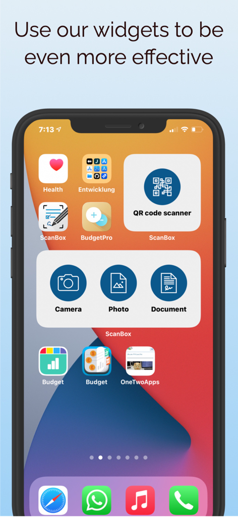 ScanBox – PDF Scanner & OCR - iPhone-Startbildschirm, der ScanBox-Widgets für schnelles Scannen von Dokumenten und QR-Codes zeigt