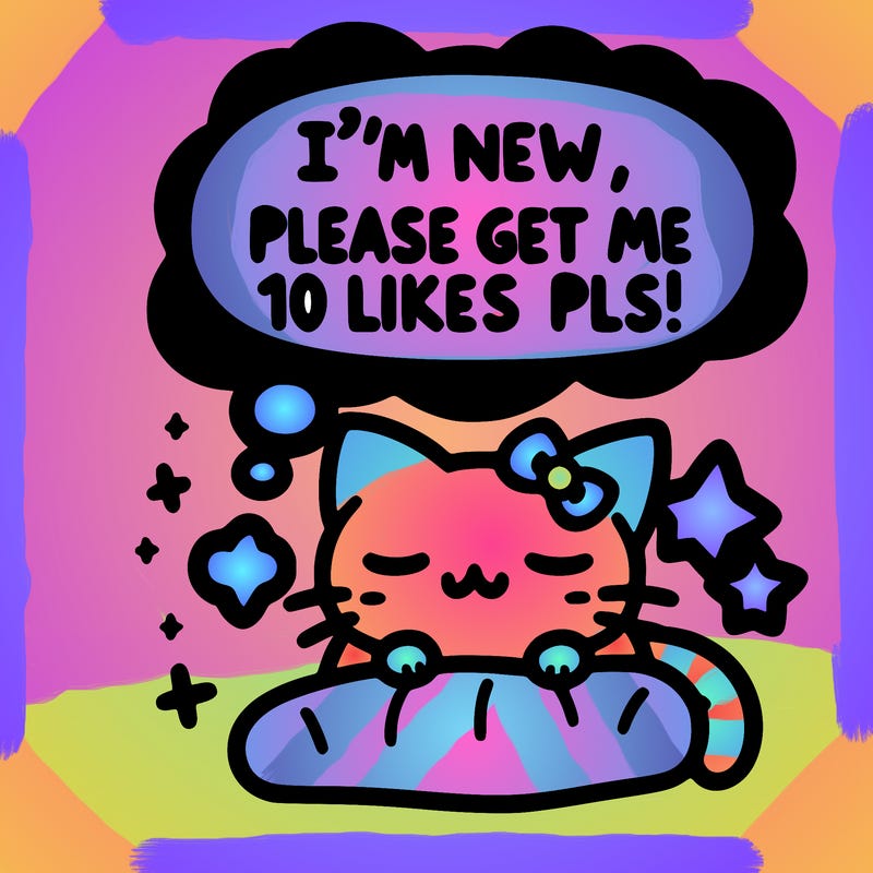 kitty taking a nap dream talking and saying "i'm new, please get me at least 10 likes pls!!"