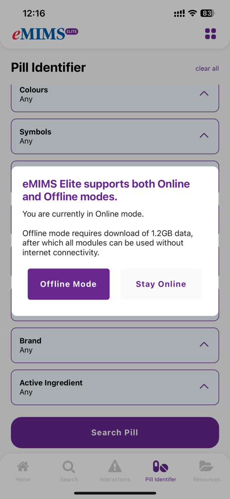 eMIMS Elite - eMIMS Elite app screen showing the Pill Identifier tool with a popup for online and offline mode settings.