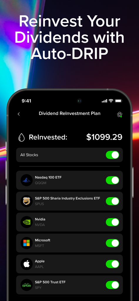 A mobile app interface showing the dividend reinvestment plan dashboard with toggles for stocks like Nvidia and Apple.