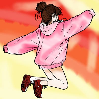 realistic girl jumping with a bun and oversized sweatshirt