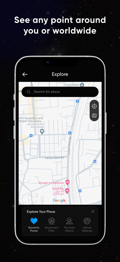 Earth Map 3D - Street View Map - Earth Map 3D app interface showing a street map and categories for exploring romantic places and nature reserves