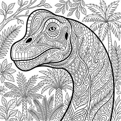 Embark on a creative journey with this stunning adult coloring page featuring a magnificent Brachiosaurus head. Its intricate patterns and prehistoric jungle backdrop offer a truly engaging and relaxing artistic experience.
