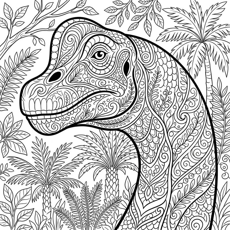 Embark on a creative journey with this stunning adult coloring page featuring a magnificent Brachiosaurus head. Its intricate patterns and prehistoric jungle backdrop offer a truly engaging and relaxing artistic experience.