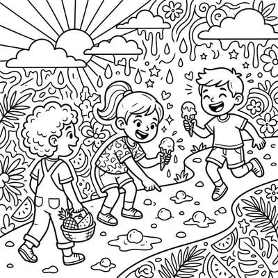 Get ready for a super sweet summer adventure with this lively coloring page for kids! Join three happy friends as they enjoy melting ice cream and explore a playful 'hailstreak' on a bright, sunny day.