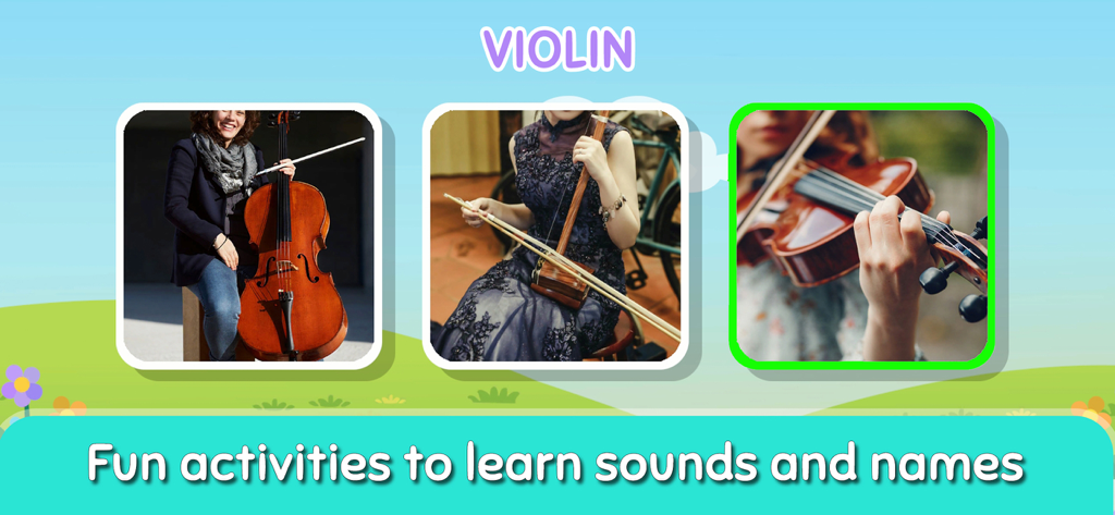 Musical Instruments Learn - Pantalla de aplicación educativa que muestra una actividad de identificación de violín para niños con fotos de diferentes instrumentos de cuerda.