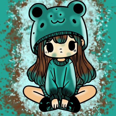 a girl wearing a frog hat and some frog socks