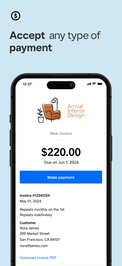 Square Invoices: Invoice Maker - Smartphone screen displaying a digital invoice for an interior design business with a Make payment button