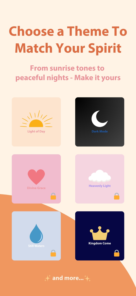 Verseful: Daily Bible & Prayer - A screen from the Verseful app showing various aesthetic color themes and icons like Light of Day and Divine Grace to personalize the user experience.