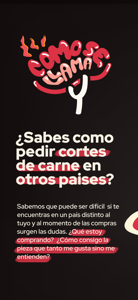 Como se Llama - Intro screen for Como se Llama app showing a question about ordering meat cuts in different countries