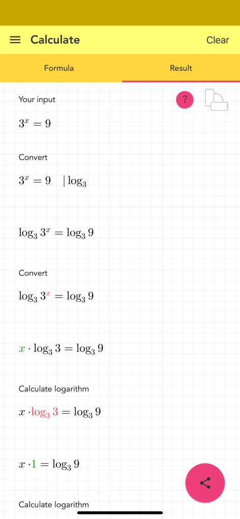 Simple Logarithm PRO - Step-by-step mathematical solution showing logarithmic transformations for an exponential equation in the app.