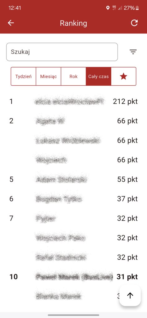 Ranking screen in the Slaskie Beboki app showing a leaderboard of users and their accumulated points