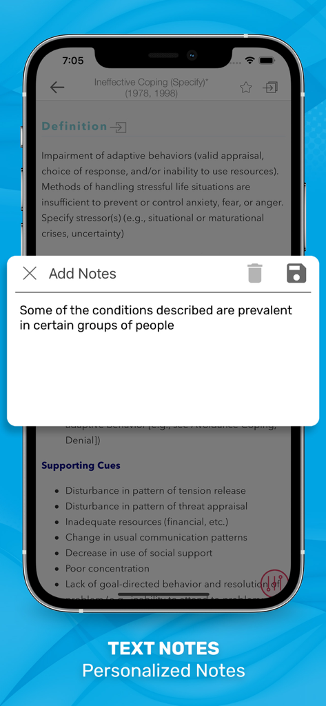 Manual of Nursing Diagnosis - Personalized text notes feature in the Manual of Nursing Diagnosis app