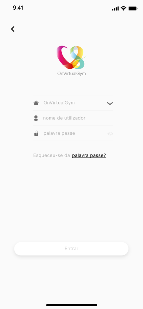 Login screen of the OnVirtualGym app featuring username and password input fields.
