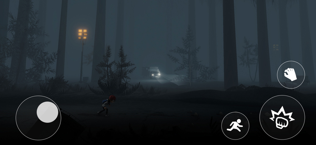 A small boy exploring a dark and foggy forest with a truck in the distance in the game Nightmares Inside