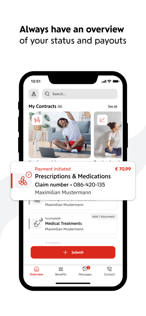 losleben - Wiener Städtische - loslebenアプリのモバイル画面。処方箋の保険請求状況と支払い通知を表示。