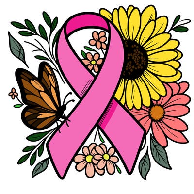 cancer awareness symbol with flowers and butterflies