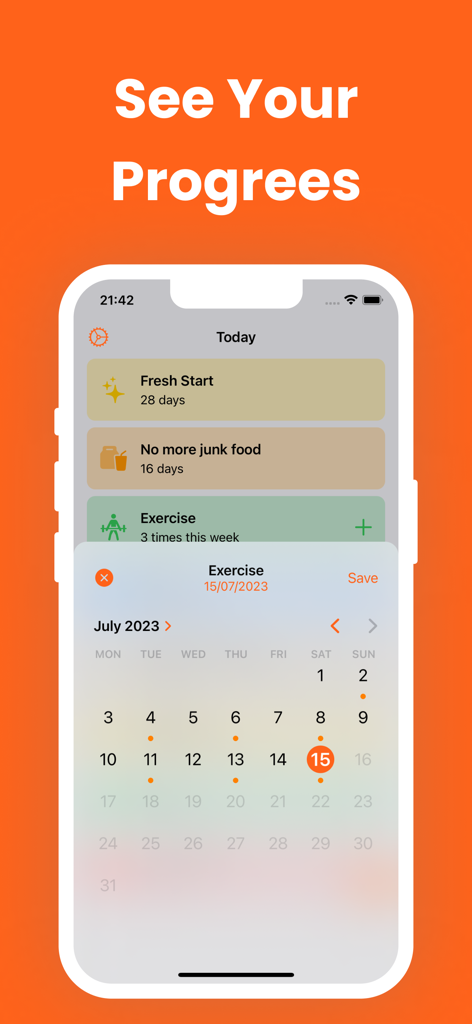 Day Counter & Tracker - Since - カレンダーオーバーレイ付きの、新しい始まりと食事目標の習慣の進捗状況を示す日数カウンター＆トラッカーアプリのモバイルインターフェース。