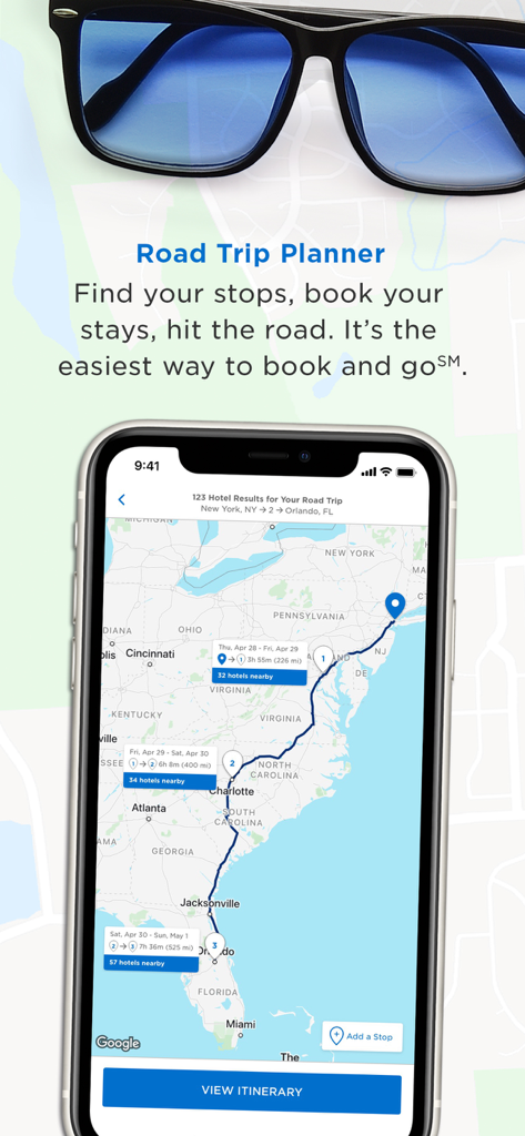 Wyndham Hotels & Resorts - Wyndham Hotels app Road Trip Planner feature showing a travel route on a map