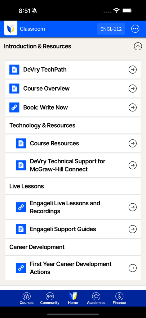 Interface do aplicativo DeVry University mostrando módulos de curso para uma aula de inglês, incluindo recursos de introdução e aulas ao vivo.